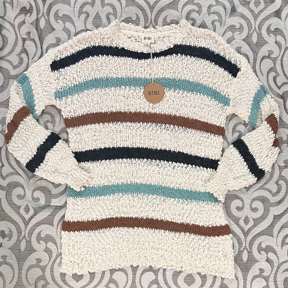 BIBI Women's Chunky Striped Sweater - Cream, Blue, Brown NWT Size L
